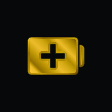 Battery With Plus Sign Gold Plated Metalic Icon Or Logo Vector