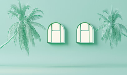 Minimal scene with window, tropical palms,Coconut leaves and abstract background. Pastel blue and green colors scene. Trendy 3d render for social media banners, promotion, cosmetic product show.