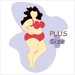 Plus -size girl in swimsuit red. Brunet. Model with a magnificent breast and hips. The concept of a positive body. Love your body. Vector illustration