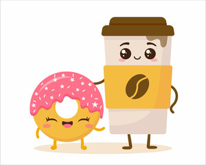 Cute cartoon happy coffee cup and donut with face. Flat vector illustration isolated on white. Can be used for coffee shop posters, menu, print, postcard. Funny food character. Sweet summer desserts