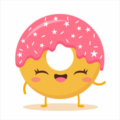 Cute cartoon happy donut with face. Flat vector illustration isolated on white background. Can be used for coffee shop posters, menu, print or postcard. Funny food character. Sweet summer desserts.