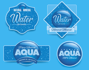 water packaging label with many water drops on blue background
- 447657248