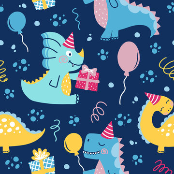 Seamless cute dinosaurs pattern with gift and balloons. Happy Birthday pattern on dark blue background. Dinosaur party birthday celebration vector doodle hand drawn