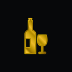 Bottle And Glass Of Wine gold plated metalic icon or logo vector