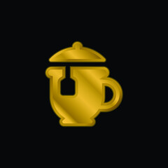 Big Tea Pot gold plated metalic icon or logo vector