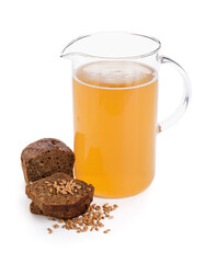 Jug of fresh kvass on white background