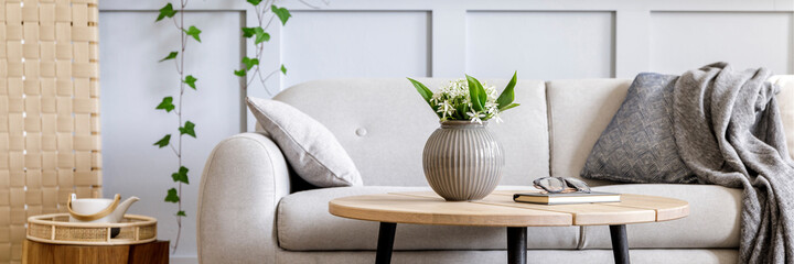 Scandinavian concept of living room interior with design sofa, coffee table, plant in pot, lamp,...
