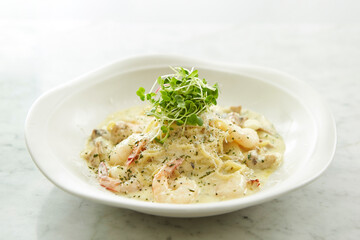Creamy seafood pasta on a plate 