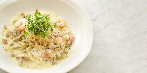 Creamy seafood pasta on a plate 