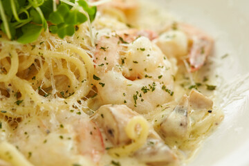 Creamy seafood pasta on a plate 