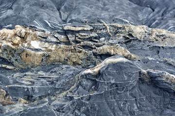 Texture of black and blue stone with stripes and pattern, close-up