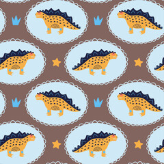 Yellow dino in a blue frame on a brown background. Crown and star. For printing on fabric and boomeg. To decorate the nursery.