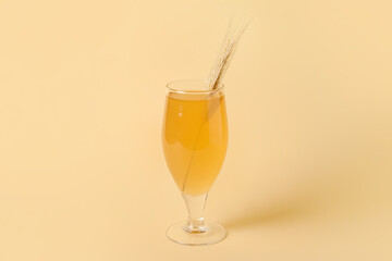 Glass of fresh kvass on color background