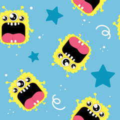Fototapeta na wymiar Colorful vector seamless pattern with funny monsters. Halloween pattern with colorful background 