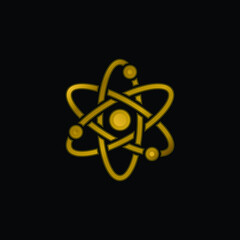 Atom gold plated metalic icon or logo vector