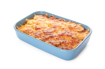 Baking dish with tasty potato casserole on white background