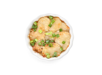 Ramekin with tasty potato casserole on white background