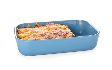 Baking dish with tasty potato casserole on white background