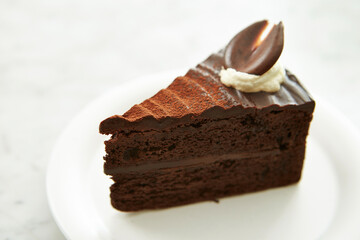 A piece of chocolate cake on a plate