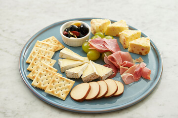 On a plate, crackers, ham, cheese, olives,