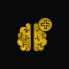 Brain gold plated metalic icon or logo vector