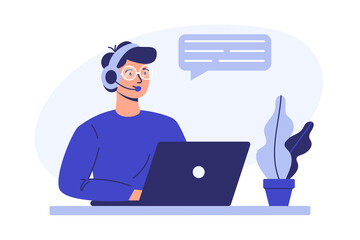 Customer support services. A man with headphones and a microphone sits at a laptop. Concept illustration for support, assistance, call center.