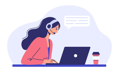 Fototapeta premium Customer support services. A woman with headphones and a microphone sits at a laptop. Concept illustration for support, assistance, call center.