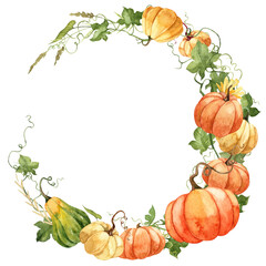 Pumpkins decorative circle frame. Beautiful wreath with ripe pumpkins squash and curved twigs with leaves. Hand painted botanical design for greeting cards, wedding invitations, thanksgiving cards