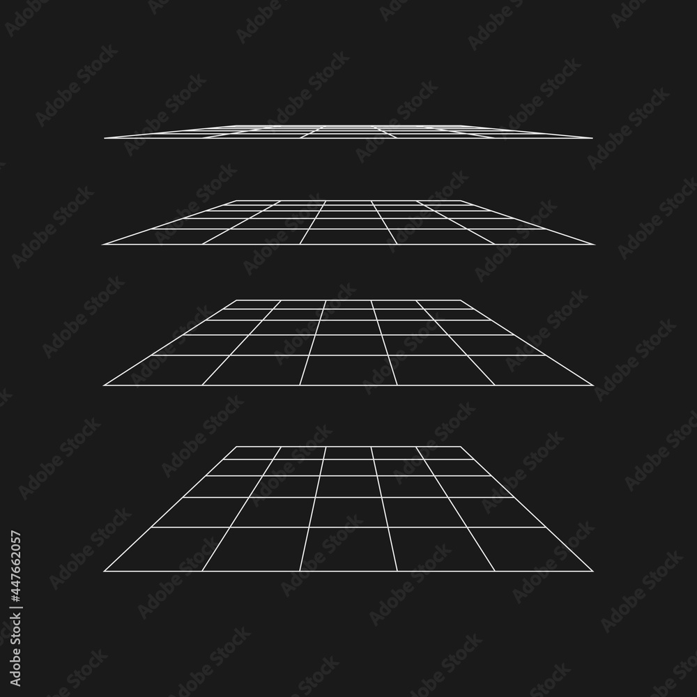 Poster retrofuturistic flat perspective grid at different angles. cyber retro design element. flat perspect