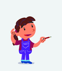 cartoon character of little girl on jeans doubts while pointing with a pencil.