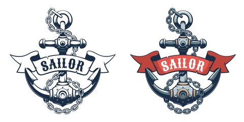 Seaman anchor retro logo. Marine tattoo with vintage anchor. Vector illustration.