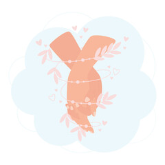 Two hands holding together. An abstract leafy sprout entwines their arms. In love concept illustration.