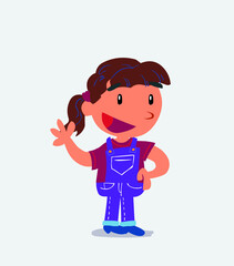 cartoon character of little girl on jeans waving happily.