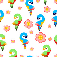 Seamless pattern with ara parrots and pink flowers. Blue, yellow, green, pink, red. White background. Cartoon style. Cute and funny. For kids post cards, stationery, wallpaper, textile, wrapping paper