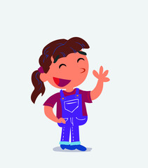 cartoon character of little girl on jeans waving informally while smiling.