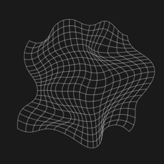 Retrofuturistic rumpled grid. Digital cyber retro design element. Liquid distorted grid in cyberpunk 80s style. Liquid geometry for poster, cover, merch in retrowave style. Vector