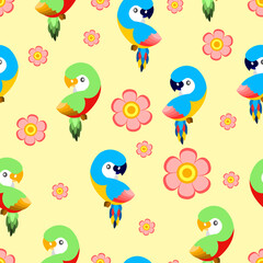 Seamless pattern with ara parrots and pink flowers. Blue, yellow, green, pink, red. Yellow background. Cartoon style. Cute and funny. kids post cards, stationery, wallpaper, textile, wrapping paper