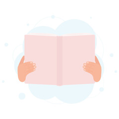 Hands holding book. Literacy day concept. Reading concept. Vector illustration