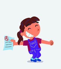 happy cartoon character of little girl on jeans rejoices with exam in hand.