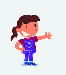 Pleased cartoon character of little girl on jeans points to something.