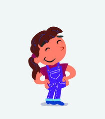 Satisfied cartoon character of little girl on jeans.
