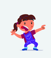 Scared cartoon character of little girl on jeans points to the side.