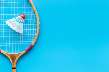 Sports eguipment of badminton racket and shuttlecock, top view