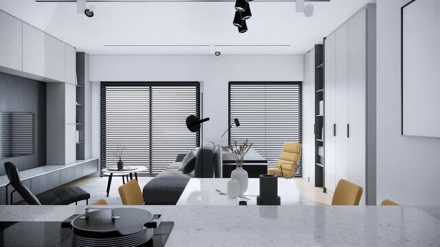 modern white room interior design, contemporary apartment and home office concept with furnitue, pan left camera, video 4k 3d animation