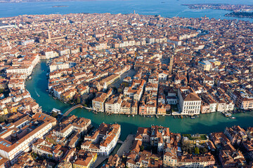 Venice, Accademia bridge and Grand canal from the sky, aerial view