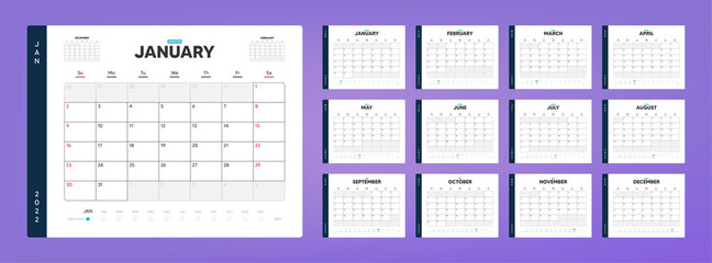 Calendar organizer template for 2022 year timeline. Annual diary planner schedule design. Corporate calendar, business planner. 2022 calendar for events. Diary template. Week starts on Sunday. Vector
