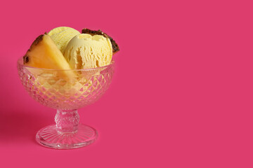 Glass bowl with tasty pineapple ice cream on color background