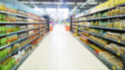 Abstract blur image of supermarket background. Defocused shelves with products. Grocery shopping....
