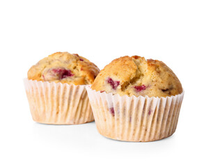 Tasty raspberry muffins on white background