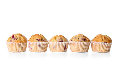 Tasty raspberry muffins on white background